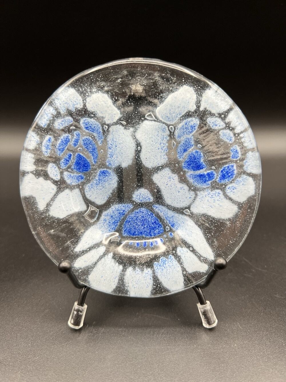 Sydenstricker Fused Art Glass Blue Flower Floral Round Trinket Dish 4” Signed